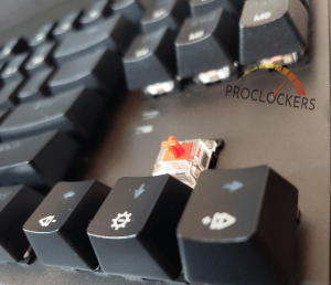 Close up of up arrow key removed on Phantom RGB 87 Keyboard